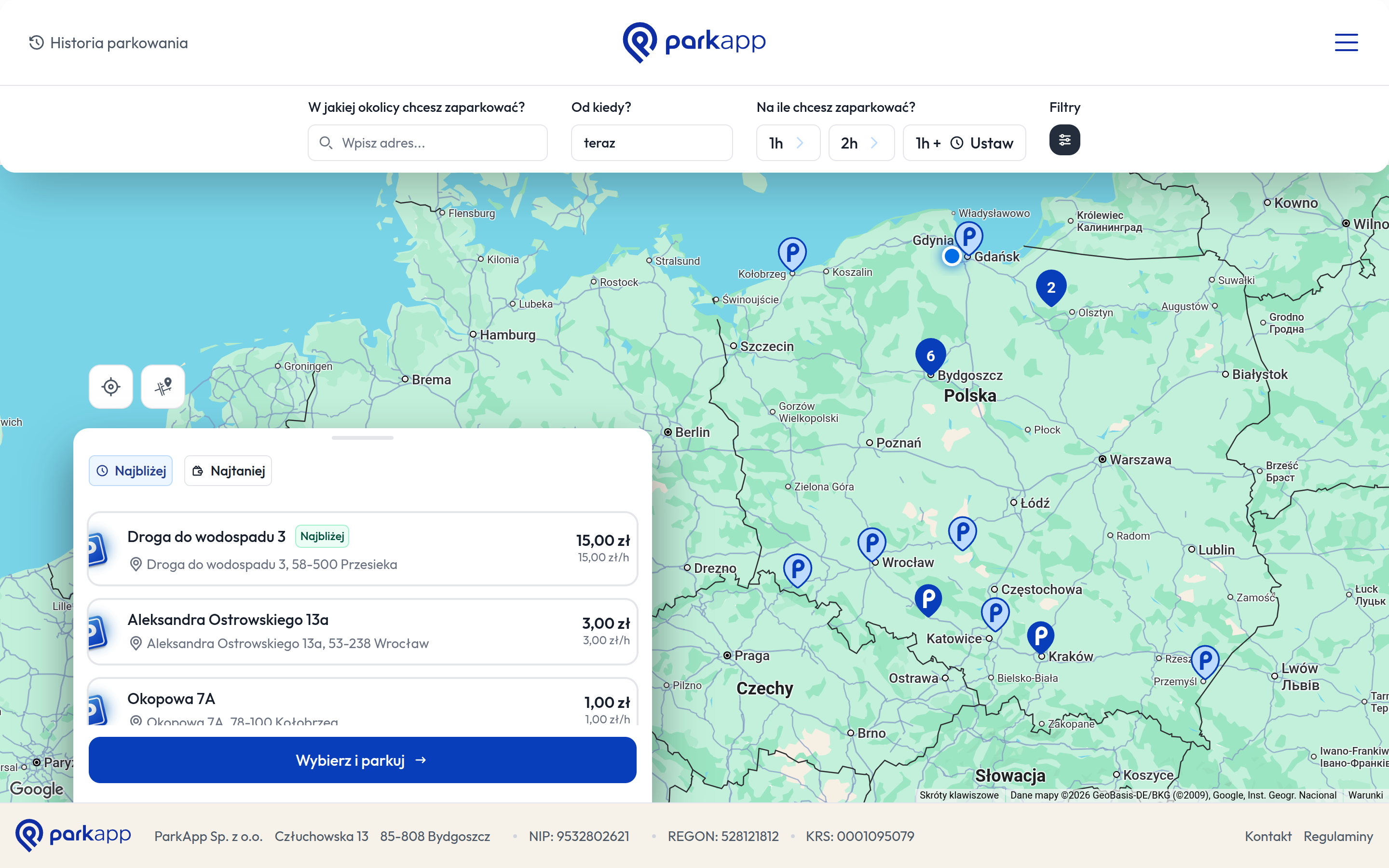 Mapa parkingów w aplikacji ParkApp
