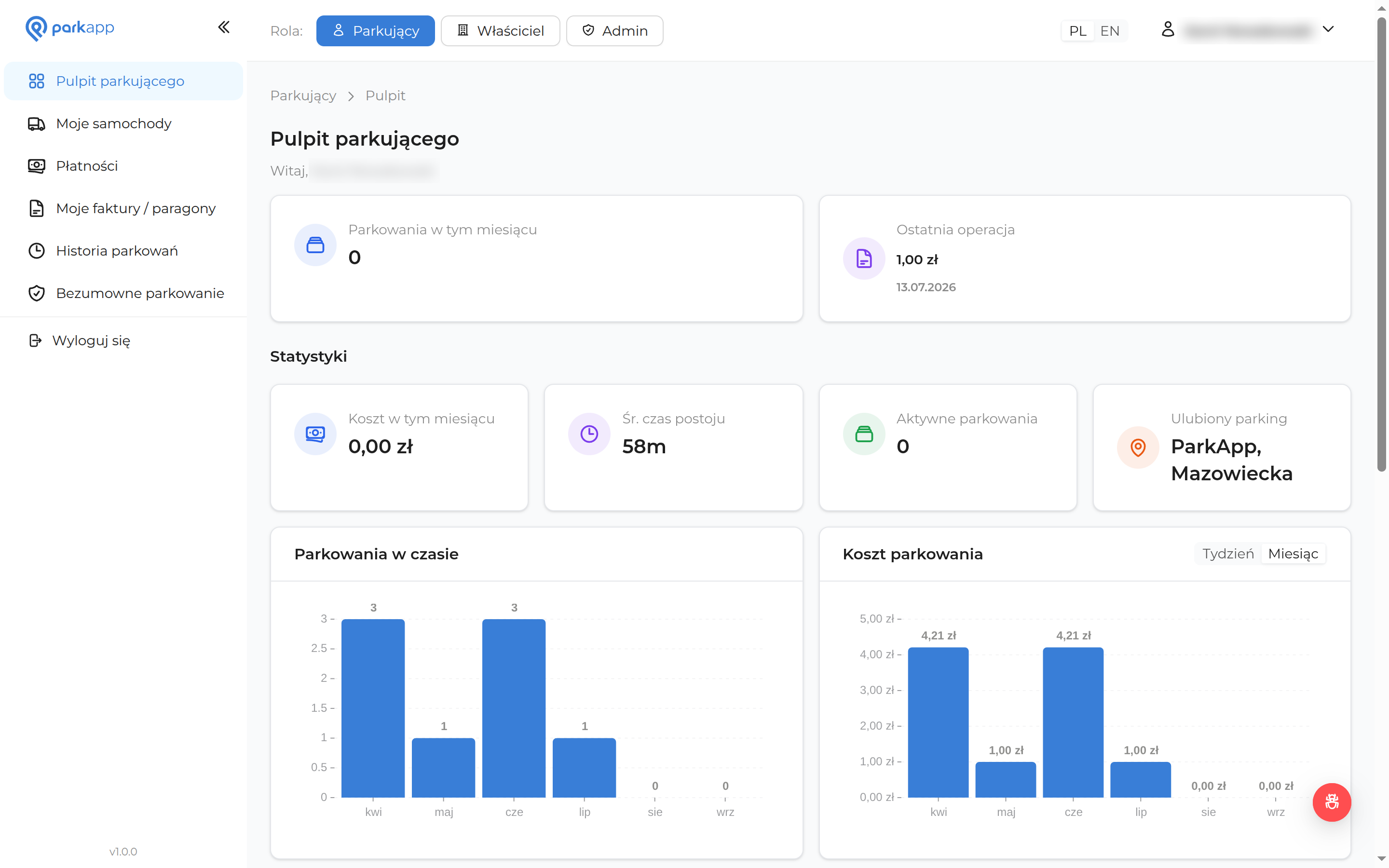 Pulpit parkującego w panelu dla klientów ParkApp