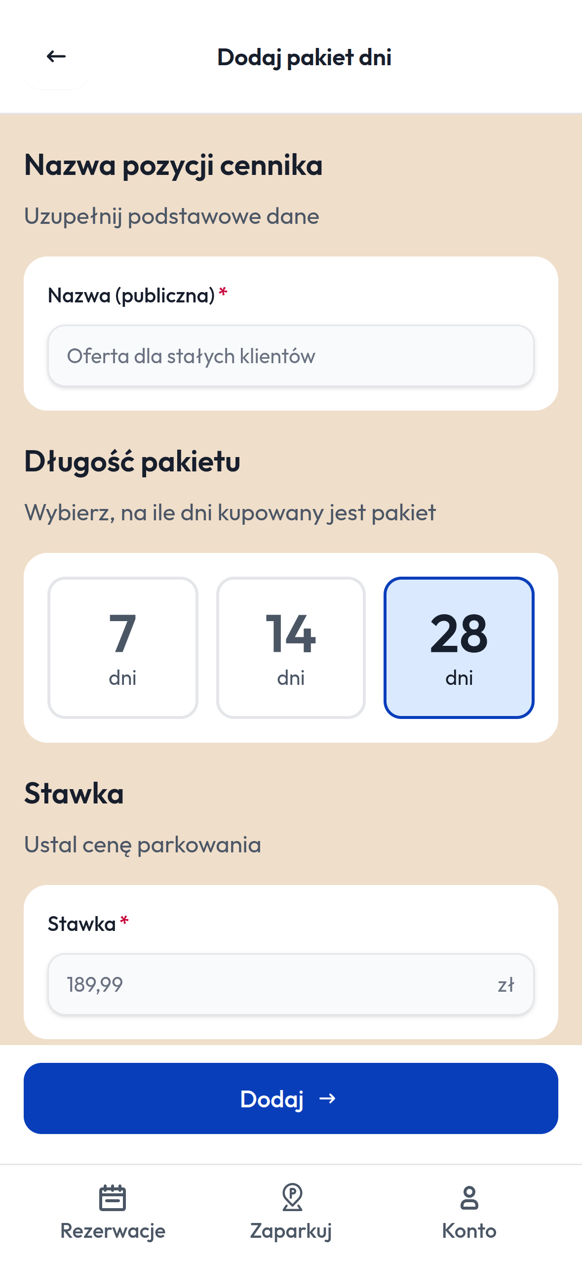 Dodawanie pakietu dni do cennika w aplikacji ParkApp