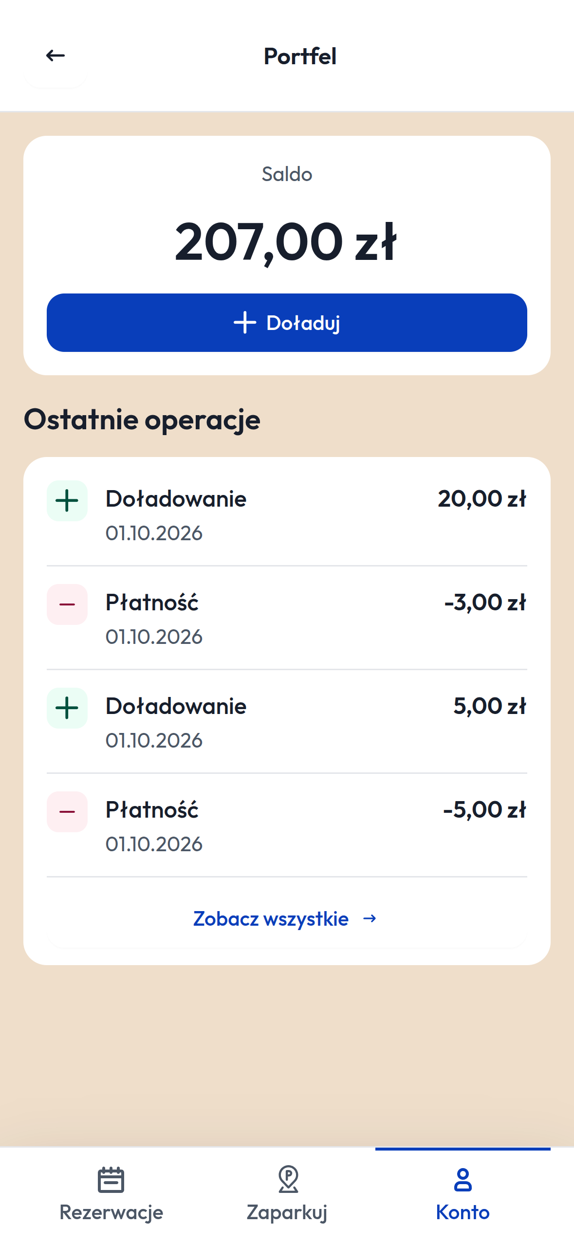 Saldo i ostatnie operacje w portfelu aplikacji ParkApp
