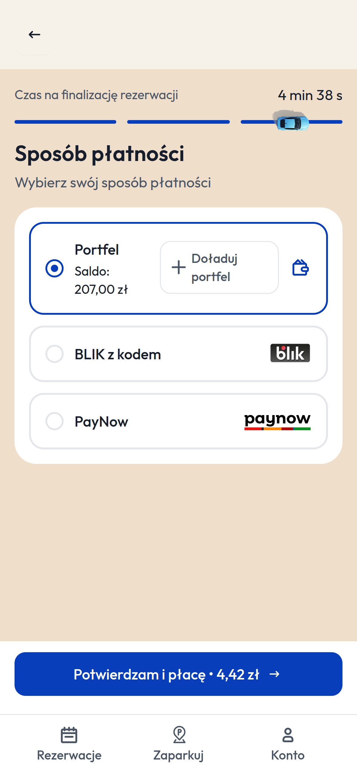 Wybór portfela jako sposobu płatności w aplikacji ParkApp